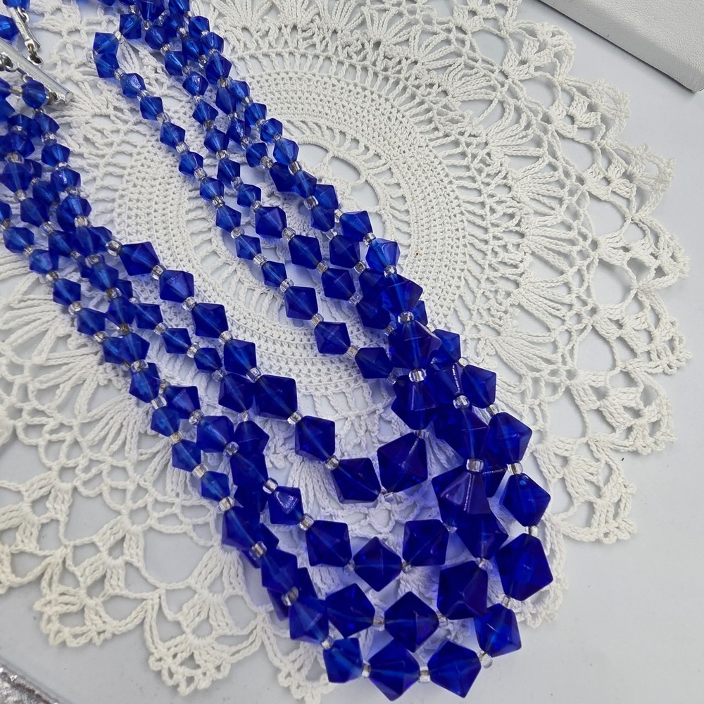 Vintage Japan Four Stand Glass Necklace Blue Statement Beaded - Picture 9 of 9